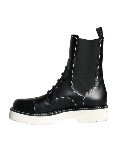 Dolce & Gabbana Black Leather Combat Mid Calf Boots Shoes