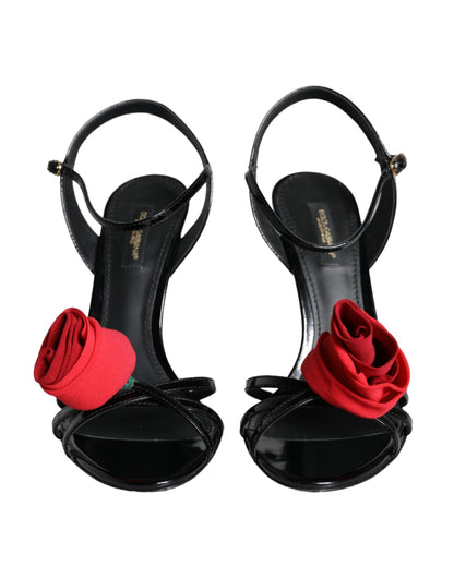 Dolce & Gabbana Black Leather Rose Ankle Strap Keira Sandals Shoes