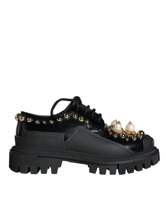 Dolce & Gabbana Black Leather Trekking Derby Embellished Shoes