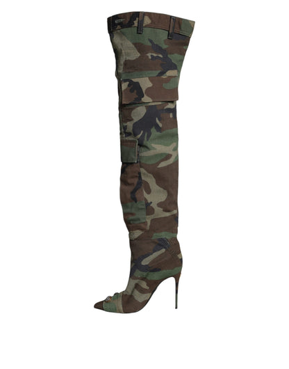 Dolce & Gabbana Multicolor Camouflage Knee High Heels Boots Shoes