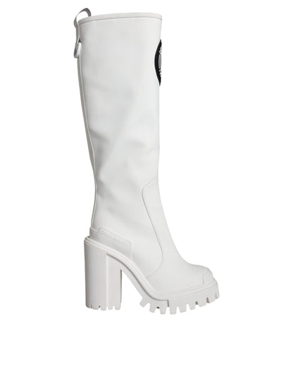 Dolce & Gabbana White Cotton Logo Heels Knee High Boots Shoes