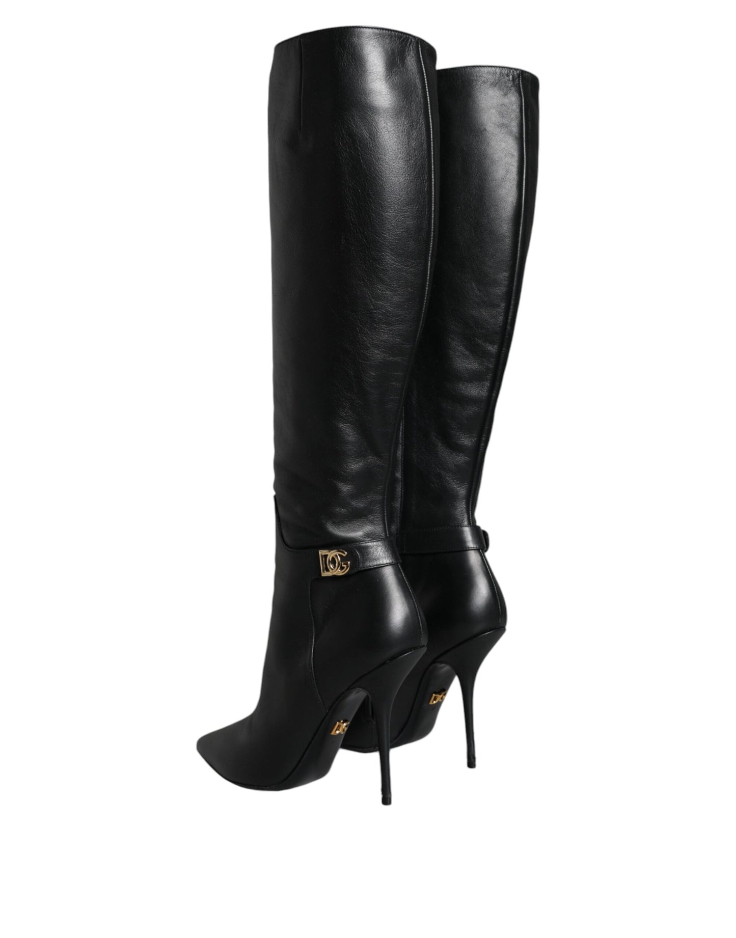 Dolce & Gabbana Black Leather Gold Tone Logo High Boots Shoes