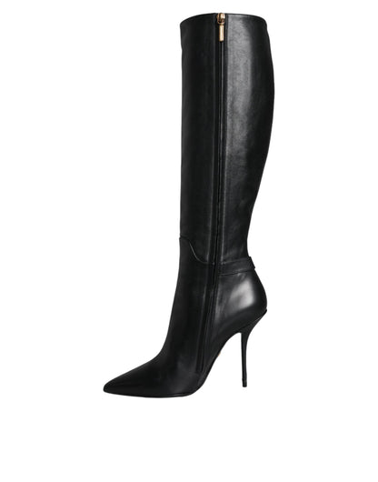 Dolce & Gabbana Black Leather Gold Tone Logo High Boots Shoes