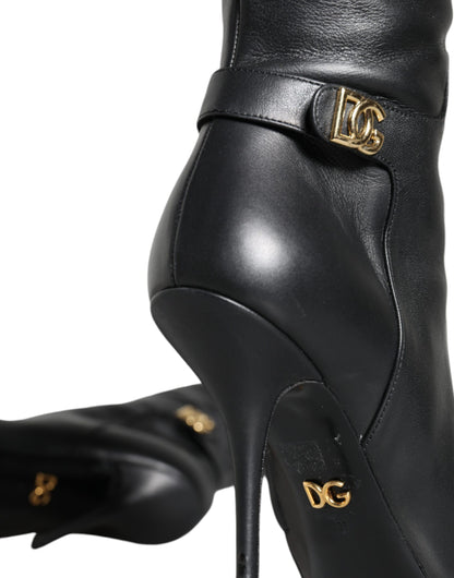 Dolce & Gabbana Black Leather Gold Tone Logo High Boots Shoes