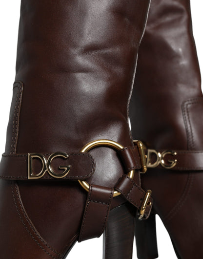 Dolce & Gabbana Brown Leather Gold Tone Logo High Boots Shoes