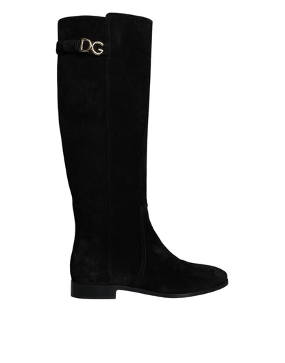 Dolce & Gabbana Black Suede Leather Knee High Boots Shoes