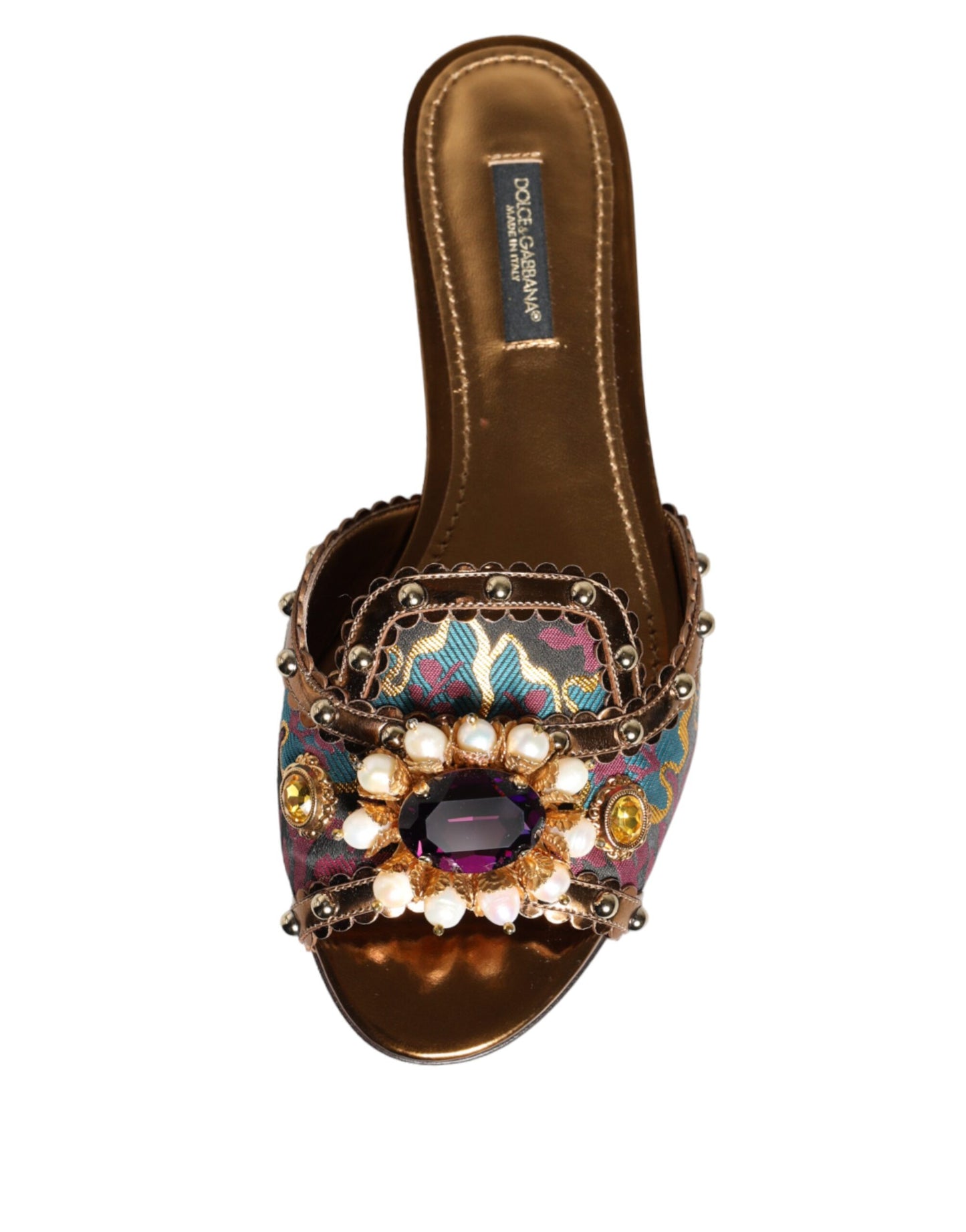 Dolce & Gabbana Multicolor Jacquard Embellished Slides Flats Shoes