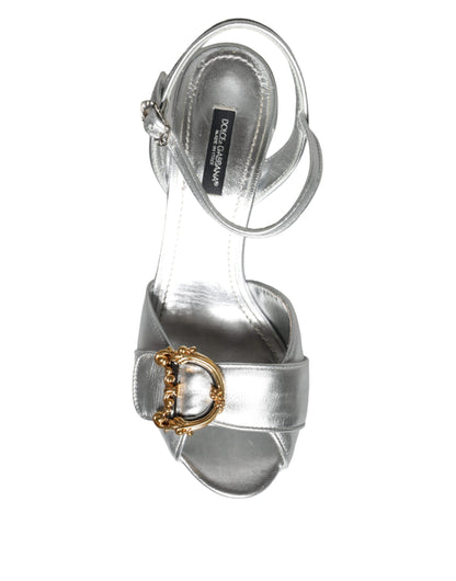 Dolce & Gabbana Silver Leather Platform Logo Keira Sandals Shoes