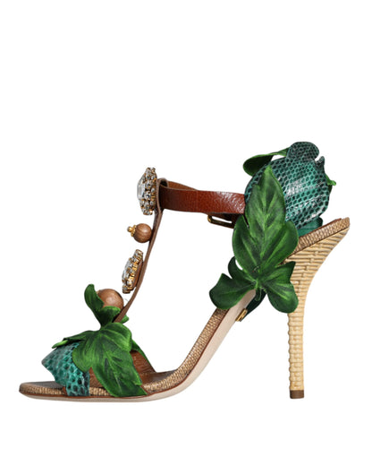 Dolce & Gabbana Emerald Embellished Leather Heels Sandals Shoes