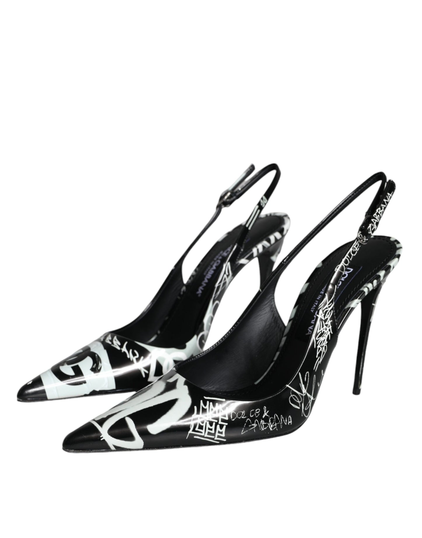 Dolce & Gabbana Black Graffiti Leather Slingback Heels Pumps Shoes