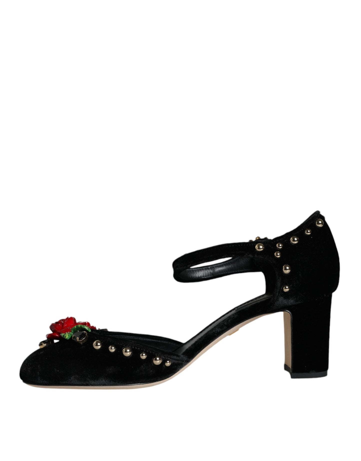 Dolce & Gabbana Black Velvet Roses Ankle Strap Pumps Shoes