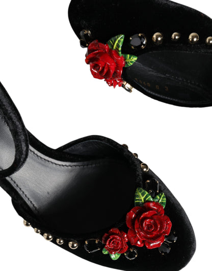 Dolce & Gabbana Black Velvet Roses Ankle Strap Pumps Shoes