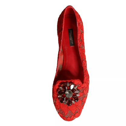 Dolce & Gabbana Red Lace Crystal Ballet Flats Loafers Shoes