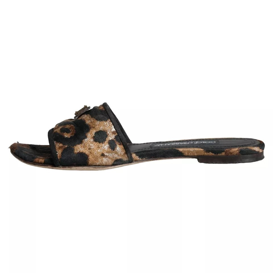 Dolce & Gabbana Brown Leopard Logo Slides Flats Sandals Shoes