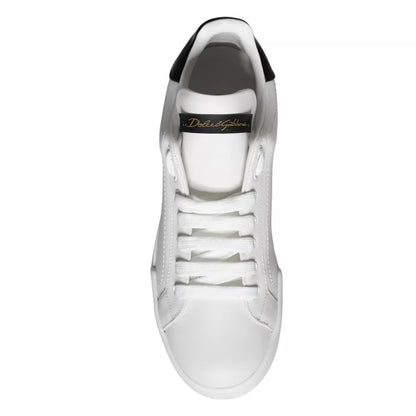 Dolce & Gabbana White Black Leather Low Top Sneakers Shoes