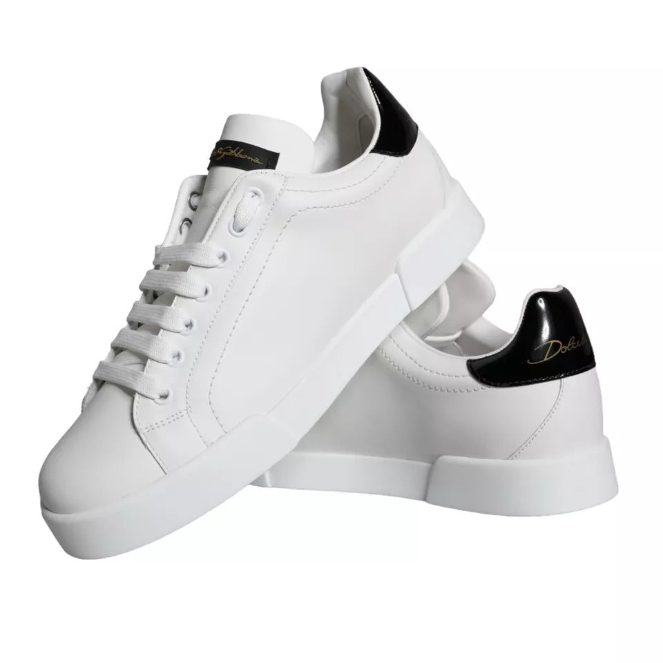 Dolce & Gabbana White Black Leather Low Top Sneakers Shoes