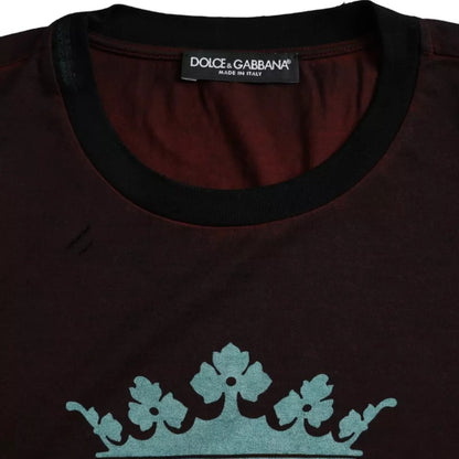 Dolce & Gabbana Bordeaux Crown Print Round Neck Cotton T-shirt