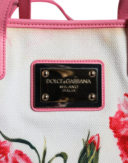 Dolce & Gabbana White Canvas Rose Embroidery Women Shopping Tote Bag