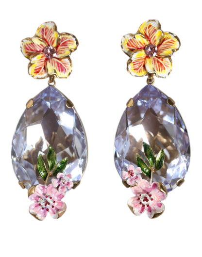 Dolce & Gabbana Gold Tone Brass Crystals Floral Clip On Earrings