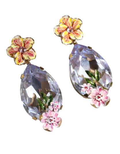 Dolce & Gabbana Gold Tone Brass Crystals Floral Clip On Earrings