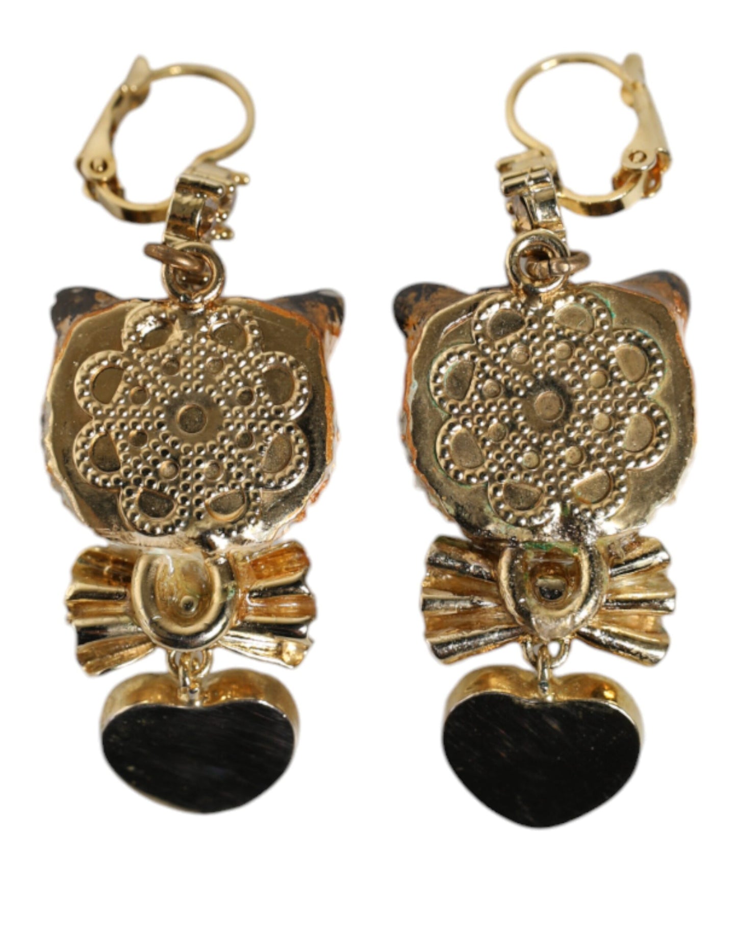 Dolce & Gabbana Gold Brass Heart Cat Crystal Pendant Clip Drop Earrings