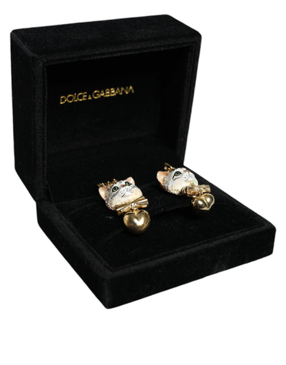 Dolce & Gabbana Gold Brass Heart Cat Crystal Pendant Clip Drop Earrings