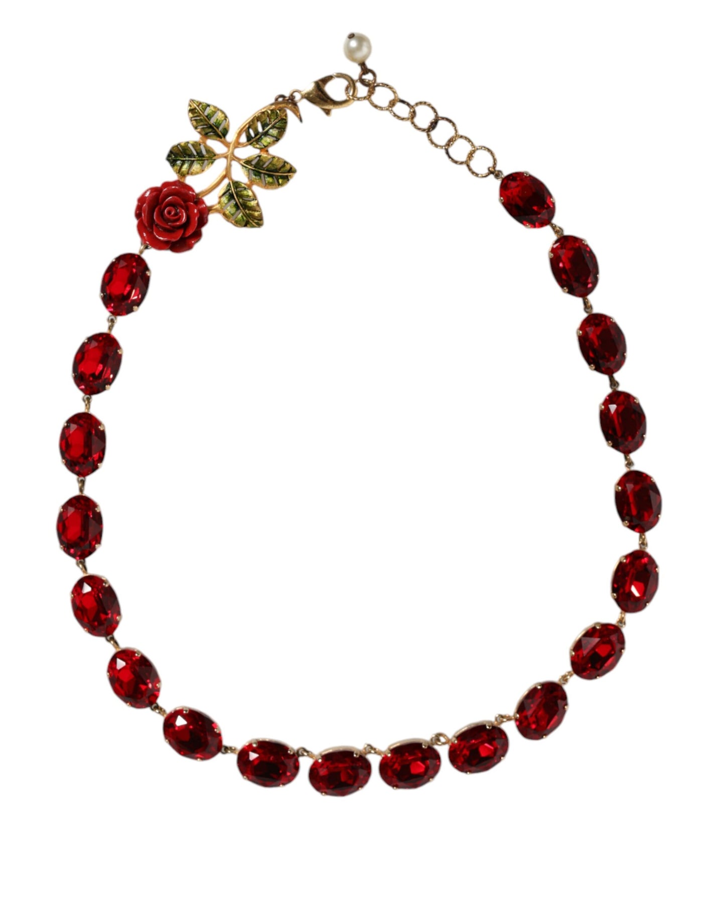 Dolce & Gabbana Gold Chain Brass Red Rose Crystal Embellished Necklace