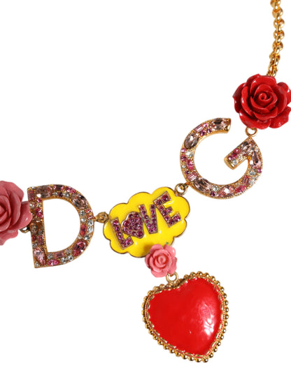 Dolce & Gabbana Gold Chain DG Logo Rose Love Crystal Charm Necklace