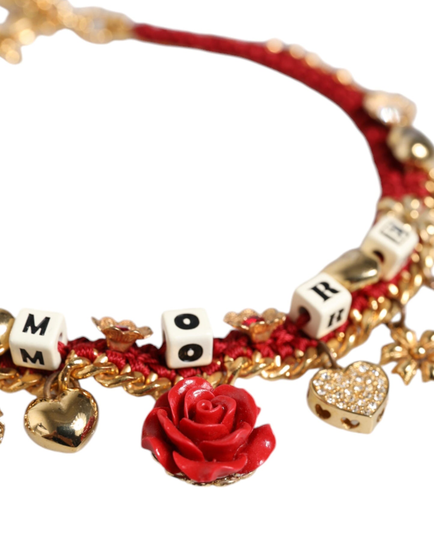 Dolce & Gabbana Gold Tone Choker Amore Red Floral Woven Charm Necklace