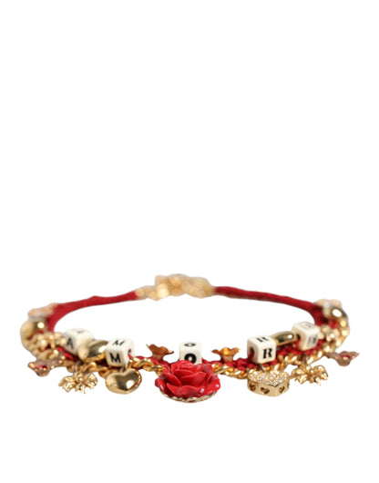 Dolce & Gabbana Gold Tone Choker Amore Red Floral Woven Charm Necklace