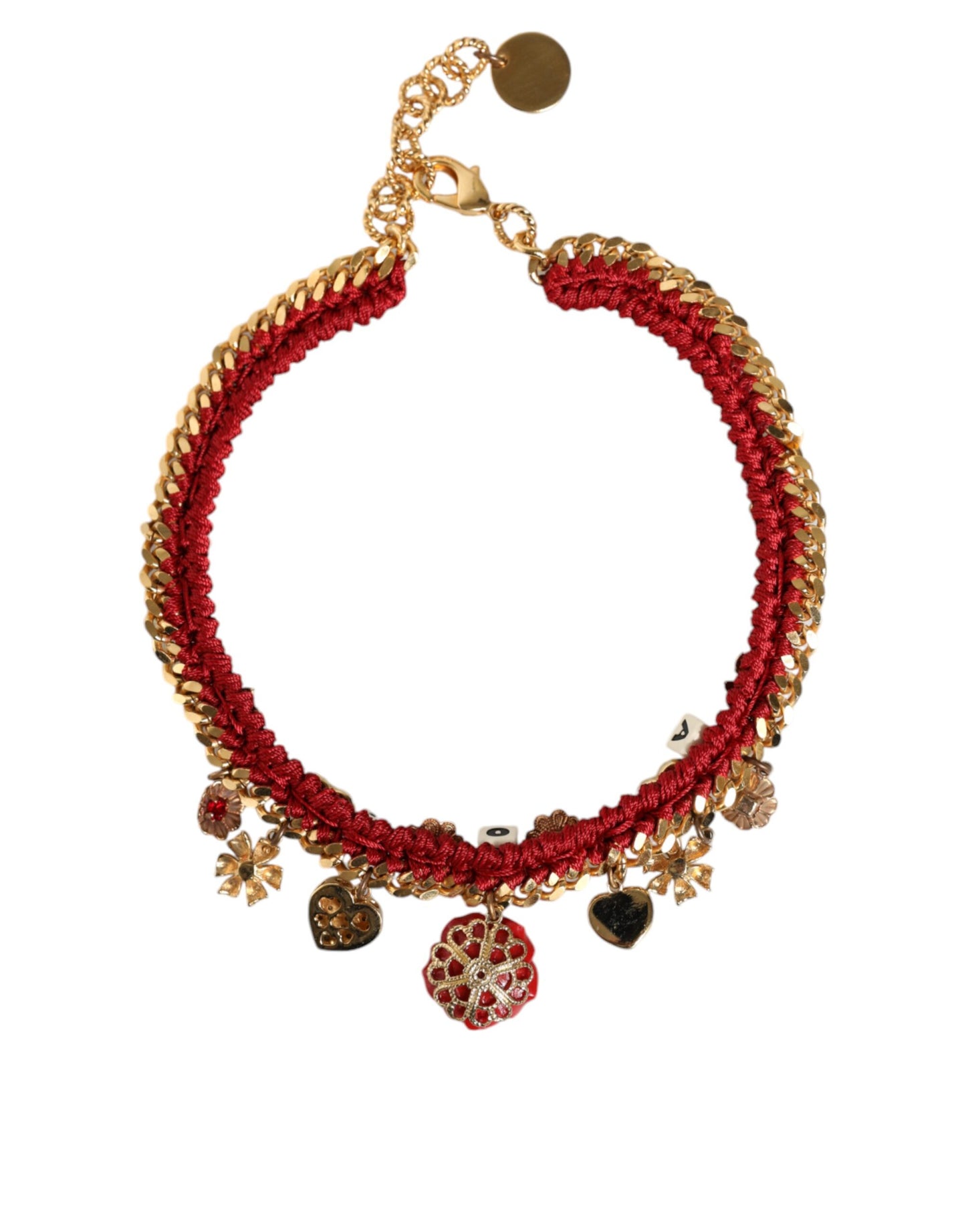 Dolce & Gabbana Gold Tone Choker Amore Red Floral Woven Charm Necklace