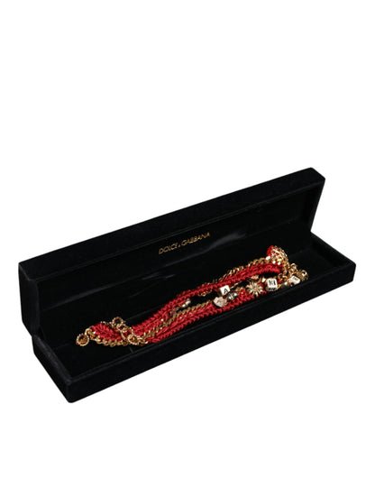 Dolce & Gabbana Gold Tone Choker Amore Red Floral Woven Charm Necklace