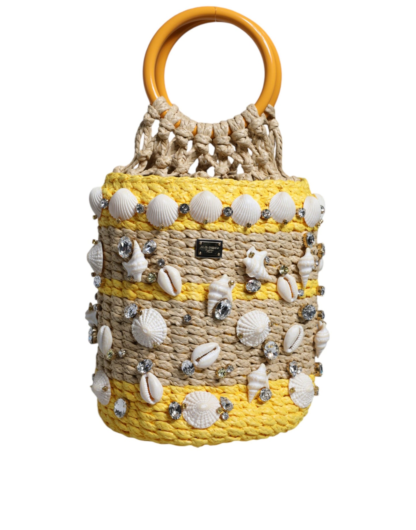 Dolce & Gabbana Beige Yellow Rafia Seashells Crystal Bucket Bag