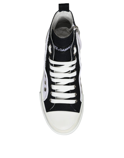 Dolce & Gabbana White Black Cotton Logo High Top Sneaker Shoes