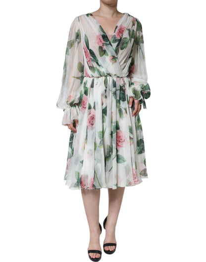 Dolce & Gabbana White Silk Floral Print A-line Midi Dress