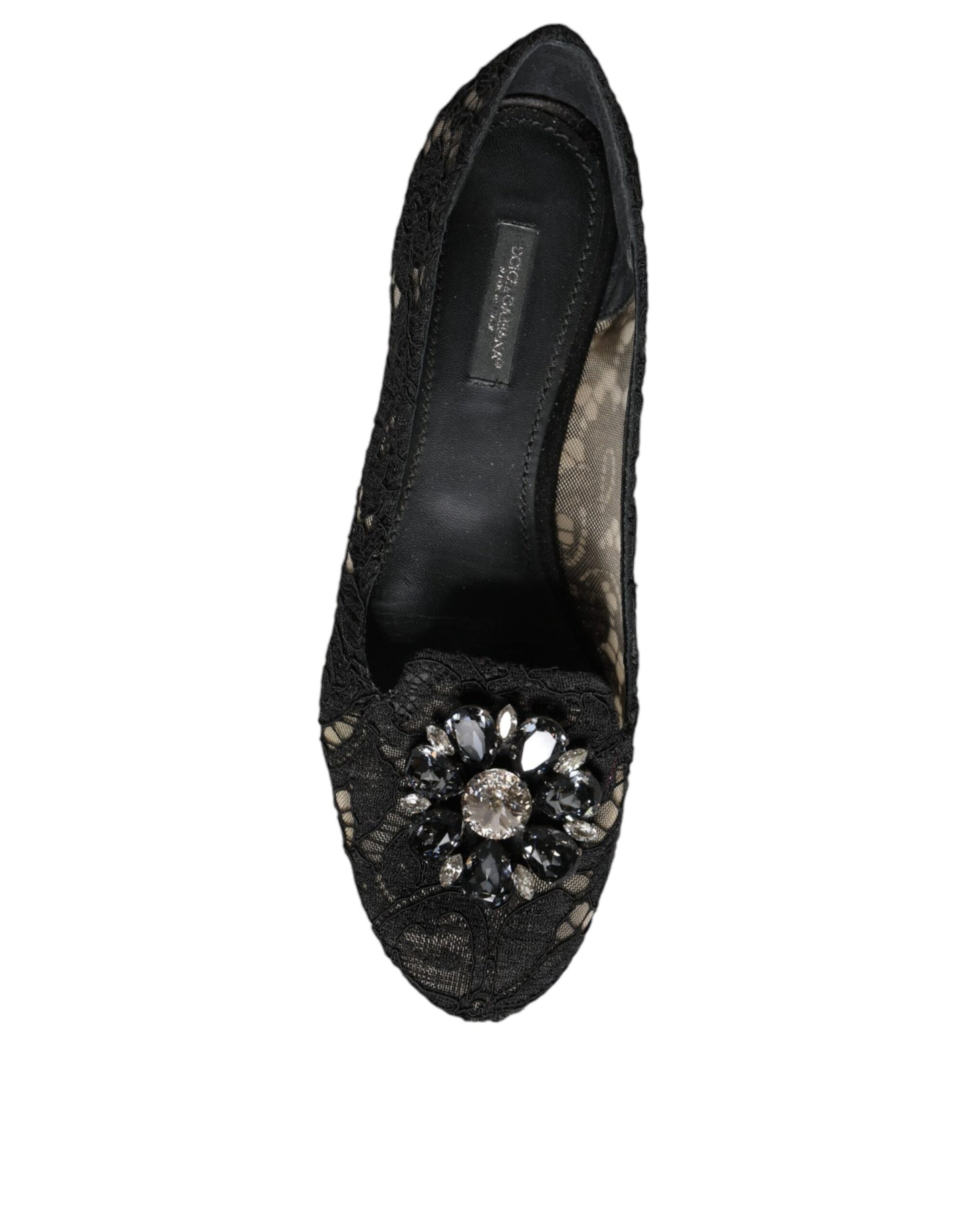 Dolce & Gabbana Black Lace Crystal Ballet Flats Loafer Shoes