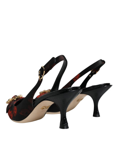 Dolce & Gabbana Black Red Floral Crystal Heel Slingback Shoes