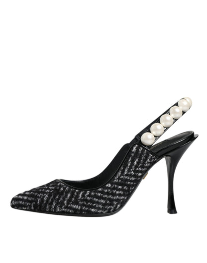 Dolce & Gabbana White Black Chevron Faux Pearl Slingback Shoes