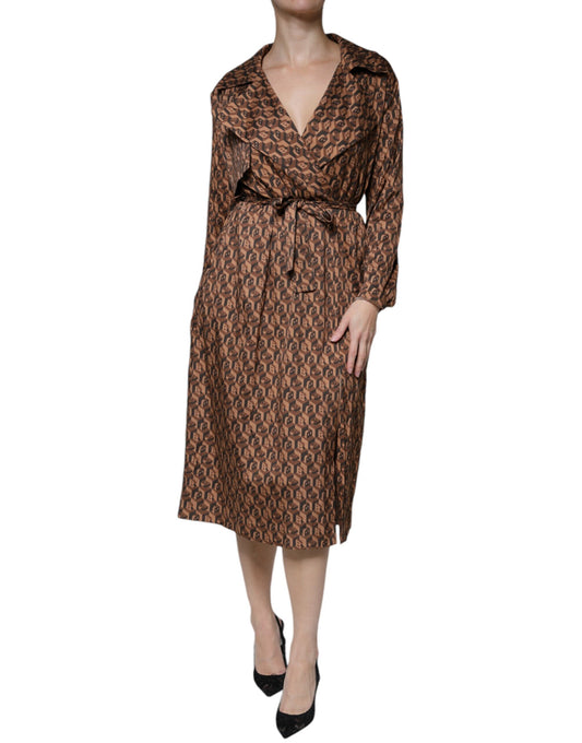 Ballantyne Brown Printed Long Sleeves V-neck Wrap Midi Dress