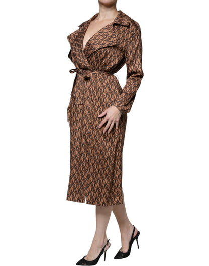 Ballantyne Brown Printed Long Sleeves V-neck Wrap Midi Dress