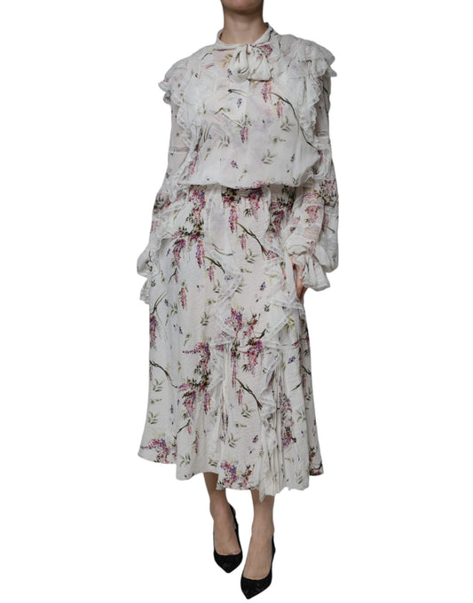 Ermanno Scervino White Floral Ruffles Lace Long Sleeves Maxi Dress