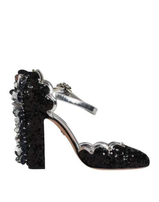 Dolce & Gabbana Black Silver Sequin Ankle Strap Sandals Shoes