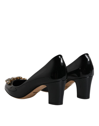 Dolce & Gabbana Black Leather Crystal Heels Pumps Shoes