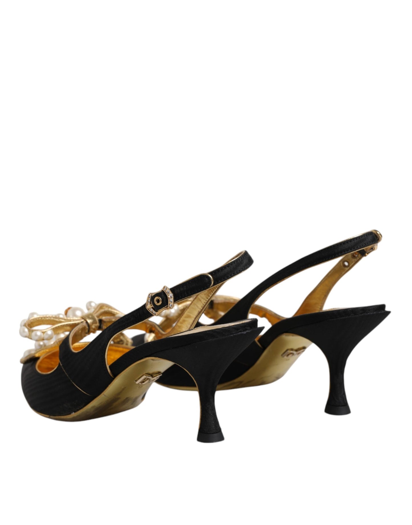 Dolce & Gabbana Black Leather Faux Pearls Slingbacks Shoes