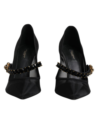 Dolce & Gabbana Black Mesh Mary Jane Crystal Heel Pump Shoes