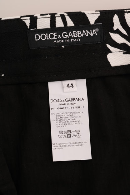 Dolce & Gabbana 흰색 검은 잎 면화 스트레치 슬림 바지