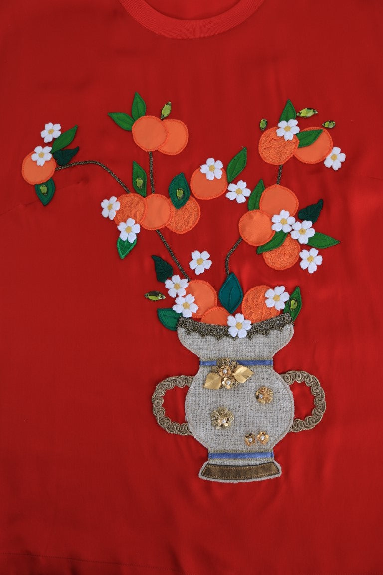 Dolce & Gabbana Red Silk Oranges Floral Crystal Blouse