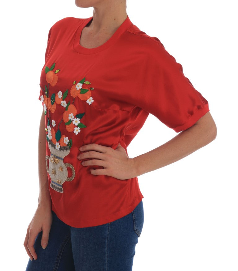 Dolce & Gabbana Red Silk Oranges Floral Crystal Blouse