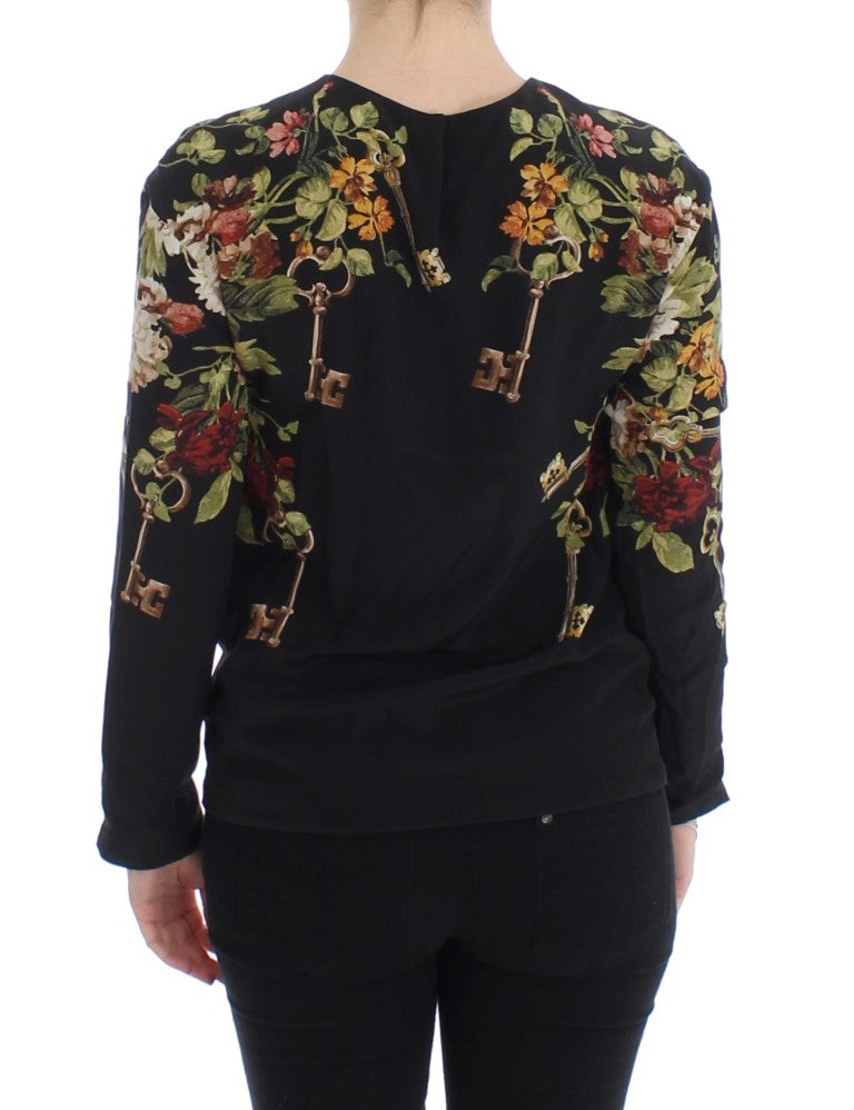 Dolce & Gabbana Black Key Floral Print Silk Blouse Top