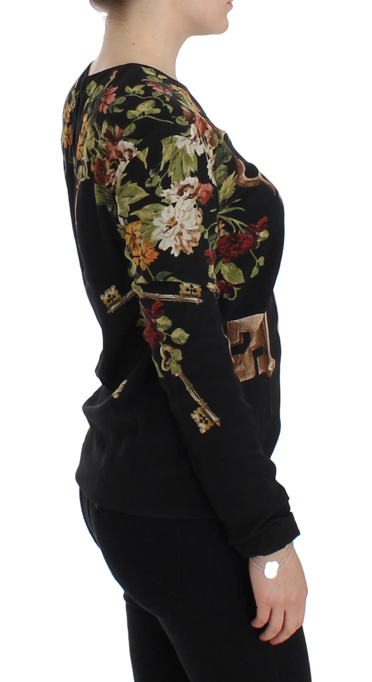 Dolce & Gabbana Black Key Floral Print Silk Blouse Top